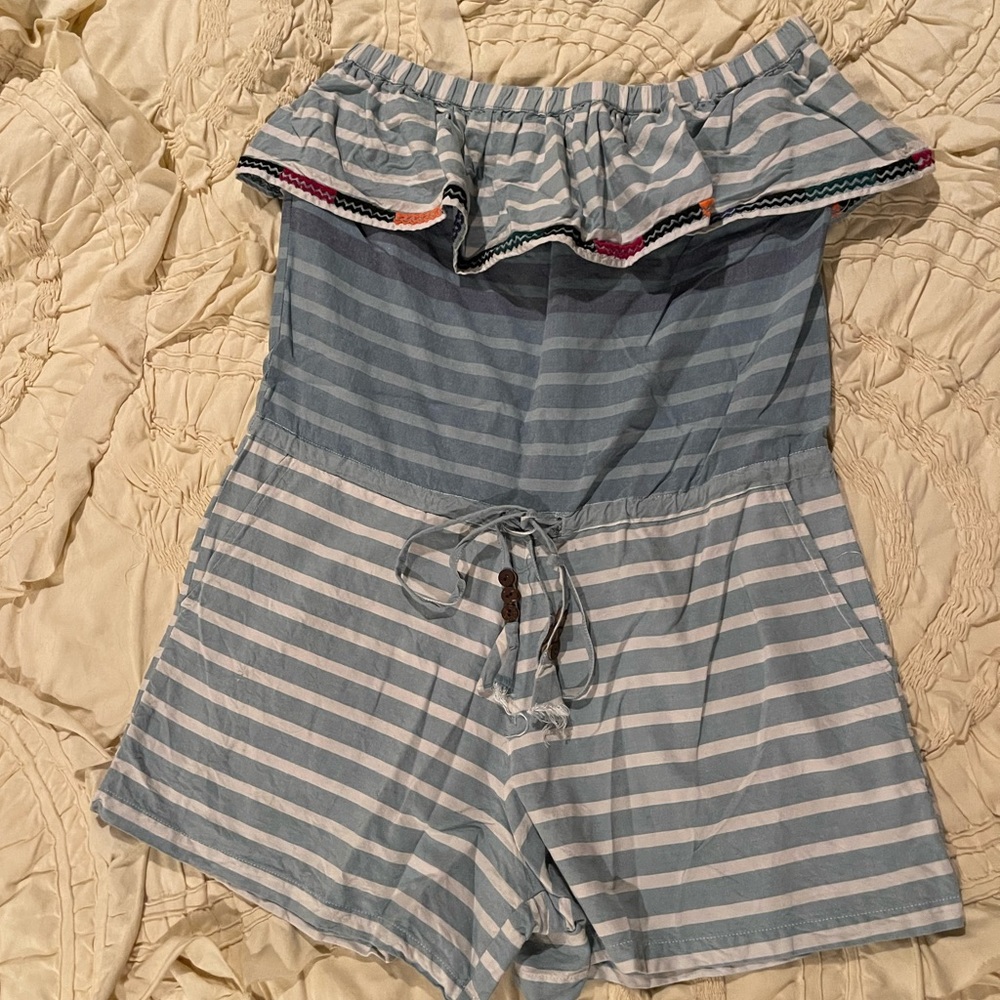 Striped Denim Strapless Romper